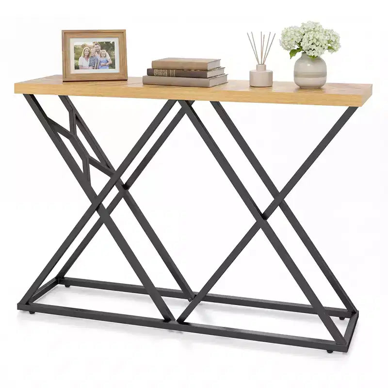 Costway 55'' Industrial Console Table w/ Solid Metal Frame & Storage Rustic Sofa Table