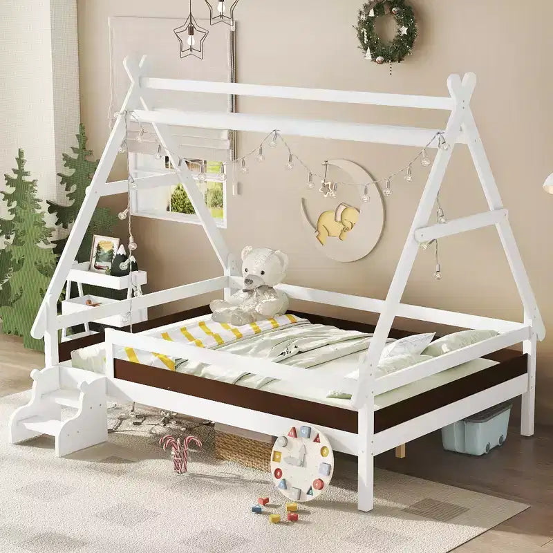 Letto a Piattaforma Matrimoniale con Scale – Legno Massello, Basso Profilo, Struttura Letto per Bambini