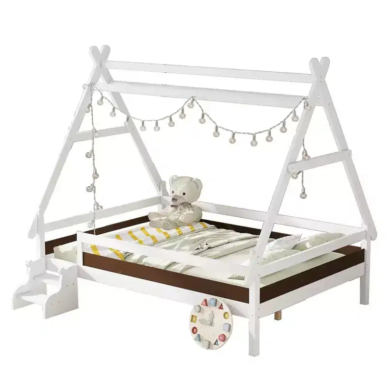 Letto a Piattaforma Matrimoniale con Scale – Legno Massello, Basso Profilo, Struttura Letto per Bambini