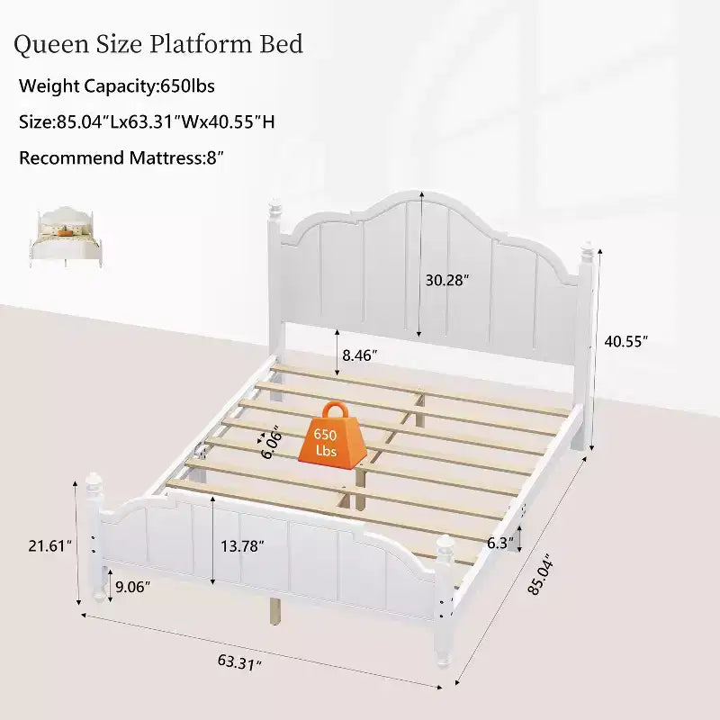 Struttura letto matrimoniale con testiera – Letto a piattaforma vintage in legno, bianco
