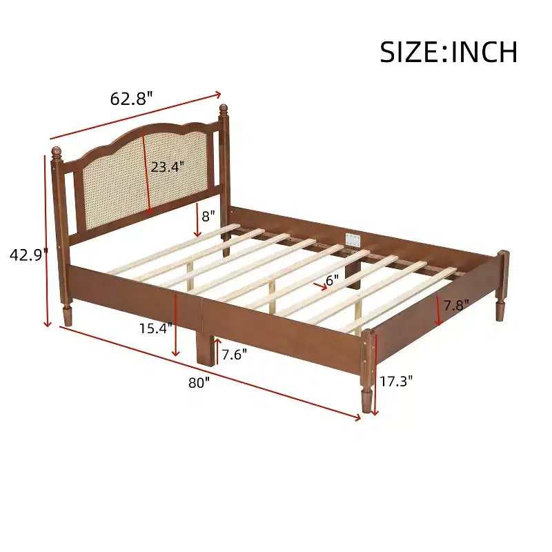 Letto a piattaforma matrimoniale in legno con testiera in rattan