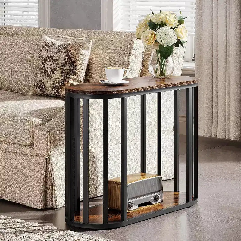 Tavolino a due ripiani con contenitore – Stile industriale, Legno marrone e Metallo nero