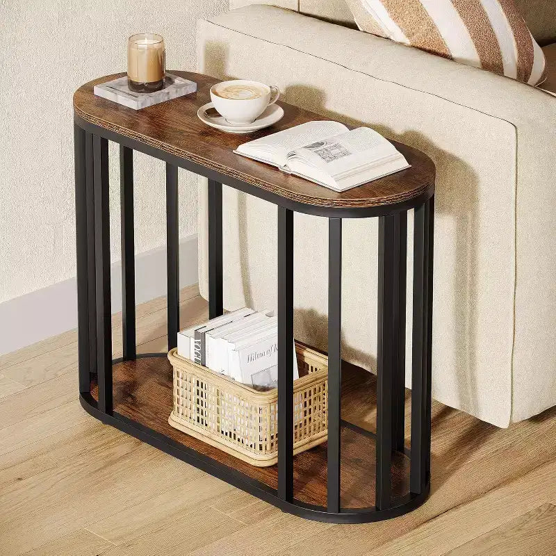 Tavolino a due ripiani con contenitore – Stile industriale, Legno marrone e Metallo nero