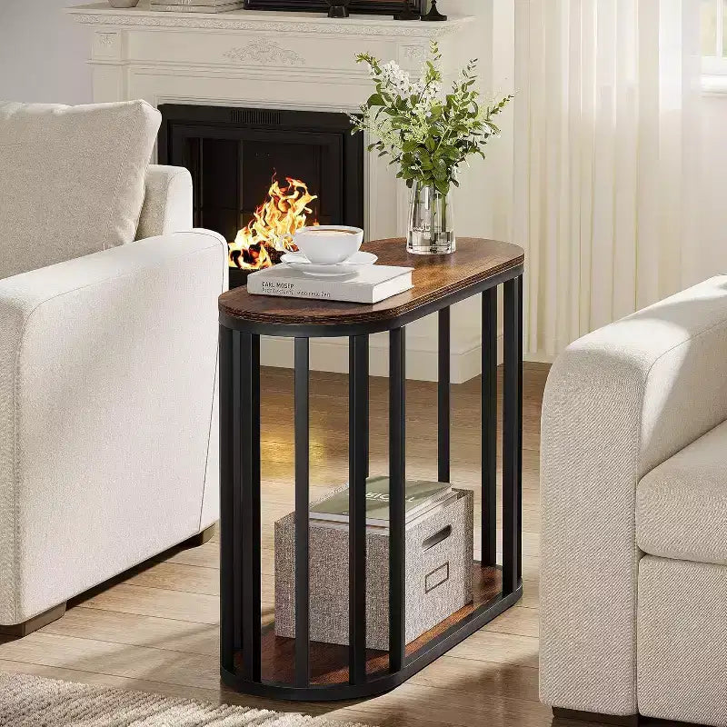 Tavolino a due ripiani con contenitore – Stile industriale, Legno marrone e Metallo nero