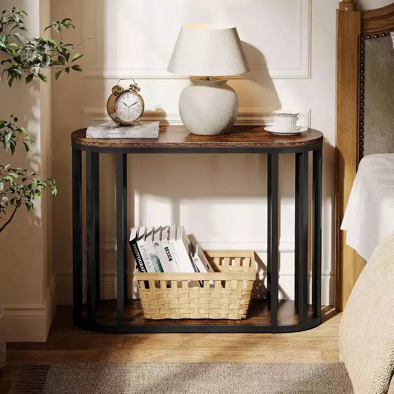 Tavolino a due ripiani con contenitore – Stile industriale, Legno marrone e Metallo nero