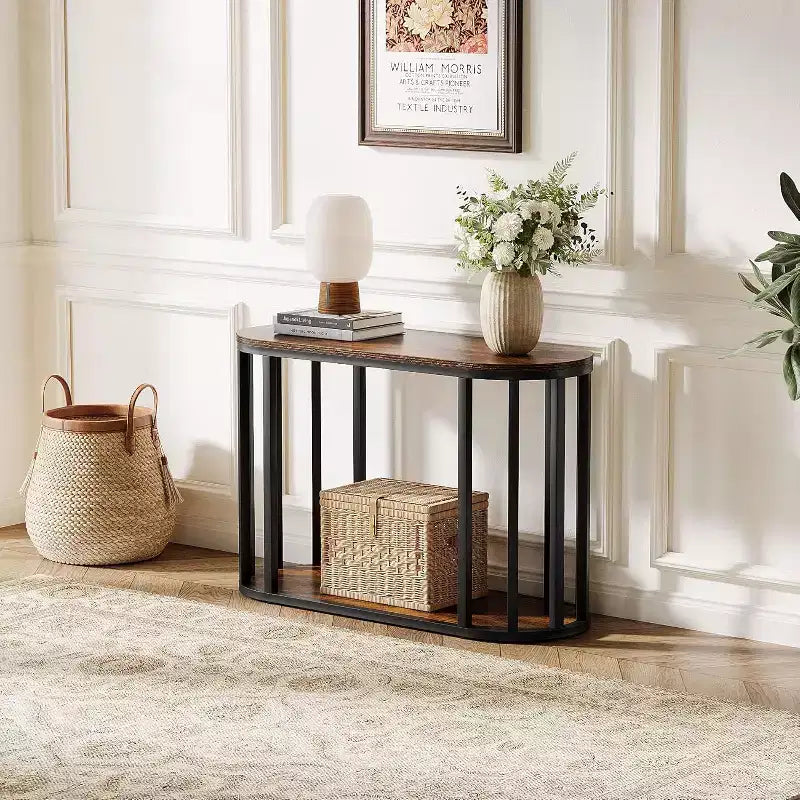 Tavolino a due ripiani con contenitore – Stile industriale, Legno marrone e Metallo nero