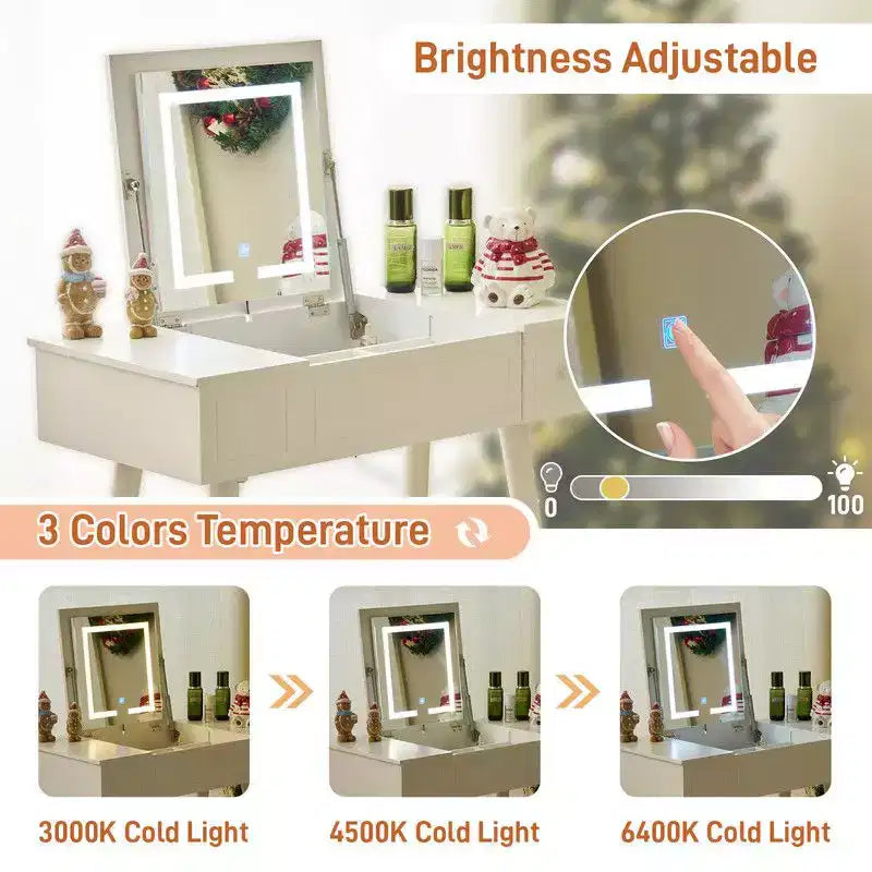 Toeletta a LED con sgabello – Bianco