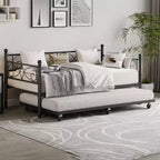 Acekool Twin Daybed with Trundle Bed Frame, Floral Iron Headboard, Heavy Duty Steel Slats, Sofa Bed with Pull-Out Trundle for Living Room, Black