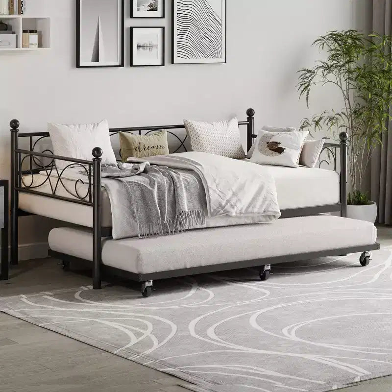 Acekool Twin Daybed with Trundle Bed Frame, Floral Iron Headboard, Heavy Duty Steel Slats, Sofa Bed with Pull-Out Trundle for Living Room, Black