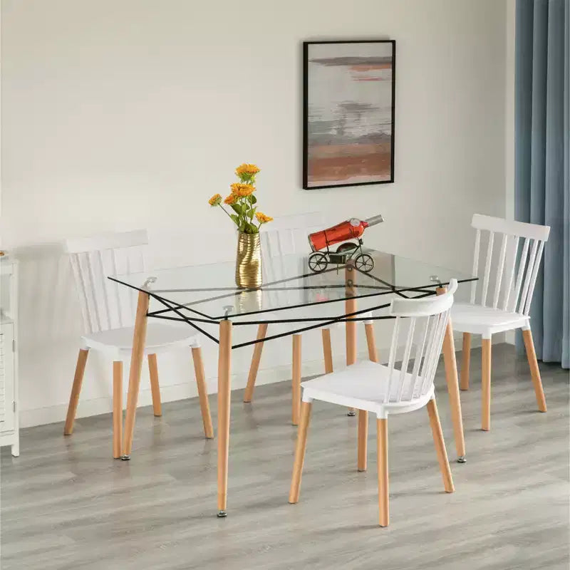 Tavolo da Pranzo Rettangolare con Piano in Vetro e Gambe in Metallo