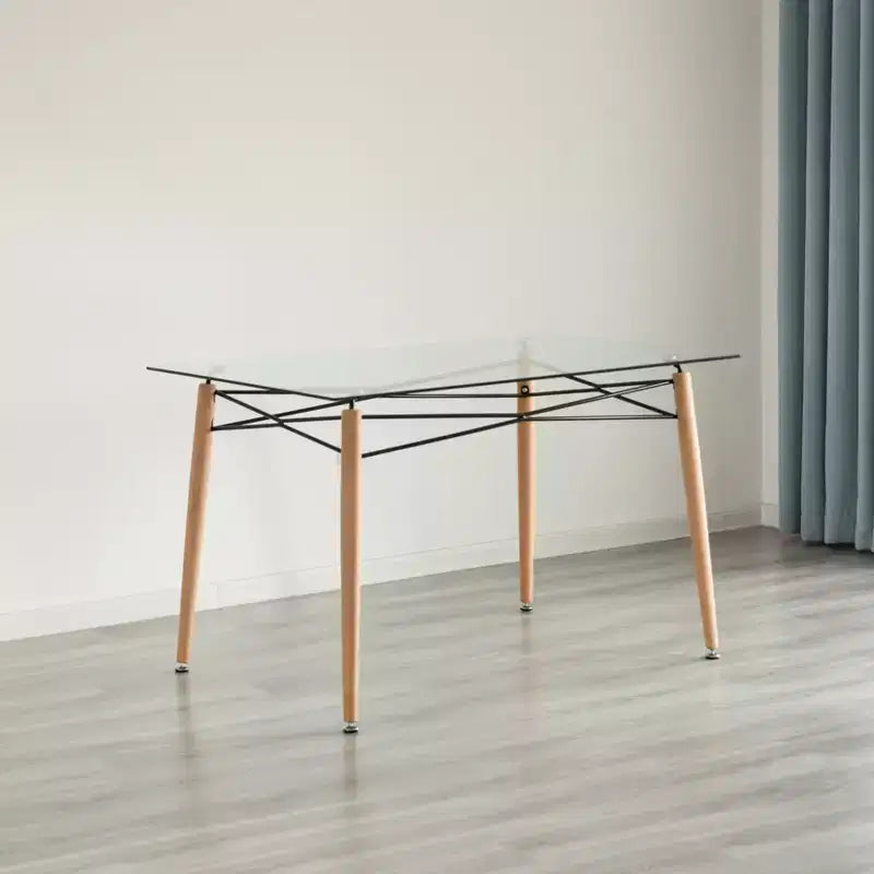 Tavolo da Pranzo Rettangolare con Piano in Vetro e Gambe in Metallo