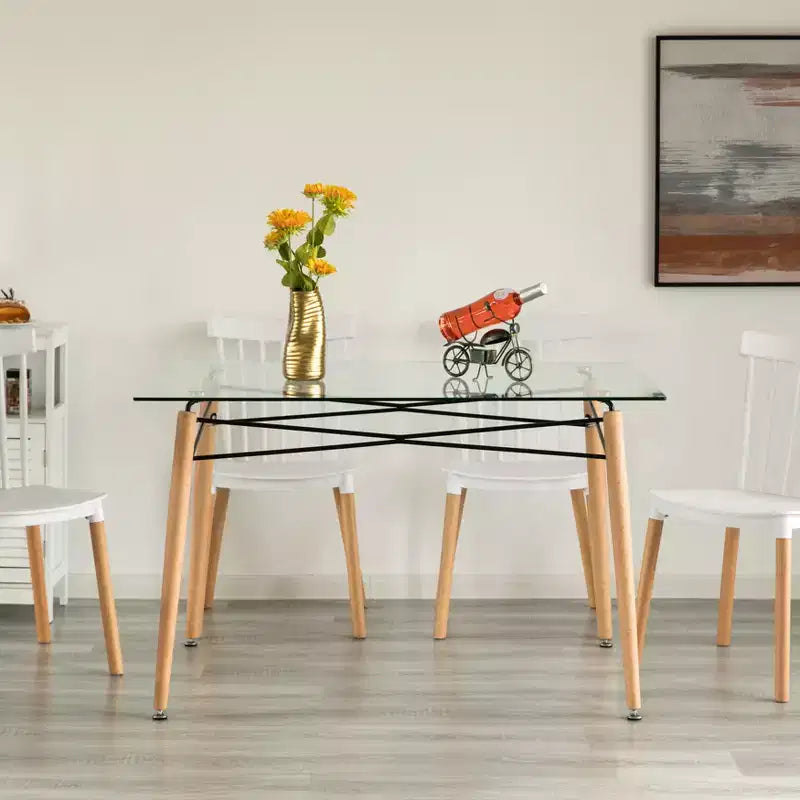 Tavolo da Pranzo Rettangolare con Piano in Vetro e Gambe in Metallo