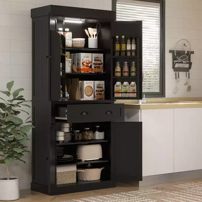 Dispensa da cucina a LED da 71 pollici con cassetto, ripiani regolabili e vano portaoggetti sull'anta