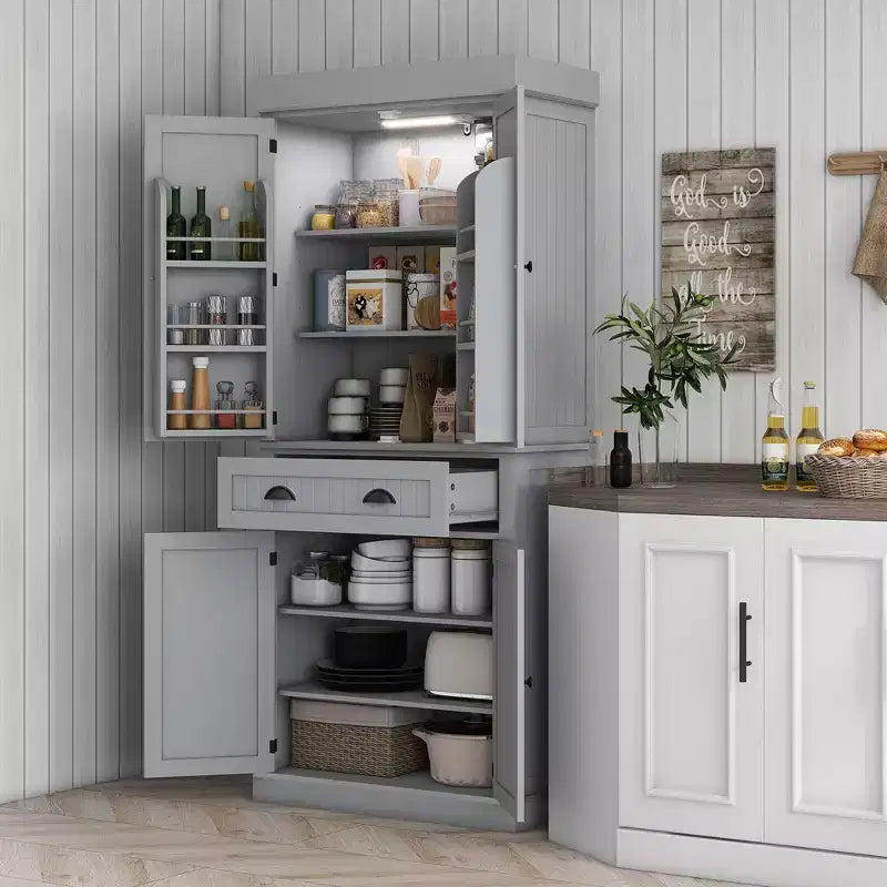 Dispensa da cucina a LED da 71 pollici con cassetto, ripiani regolabili e vano portaoggetti sull'anta